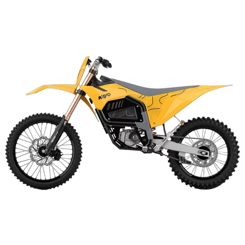 Kayo Alkaid eC2i electric off-road motorcycle in Laos — side profile, Lightning Yellow, sold by Terra Lao Adventure, official Kayo dealer in Vang Vieng